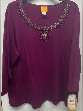 Ruby Rd. Women’s Plus Sz 2X Violet Embellished Beaded Top 3/4 Sleeve Stretch NWT